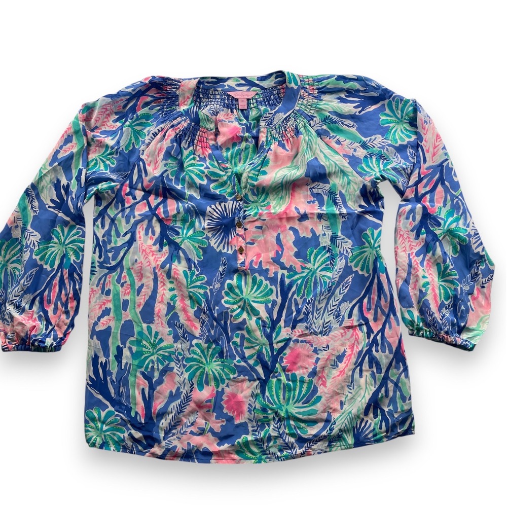 Lilly Pulitzer Elsa Silk Blouse Blue Pink Coral Reef Print Top Size M 41773